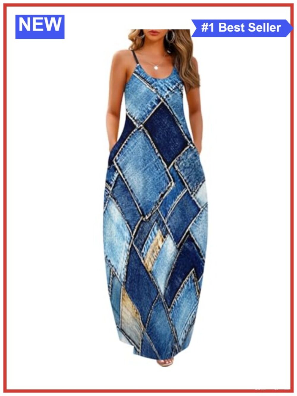Womens Maxi Dress with Pockets Adjustable Spaghetti Strap Loose Casual Summer